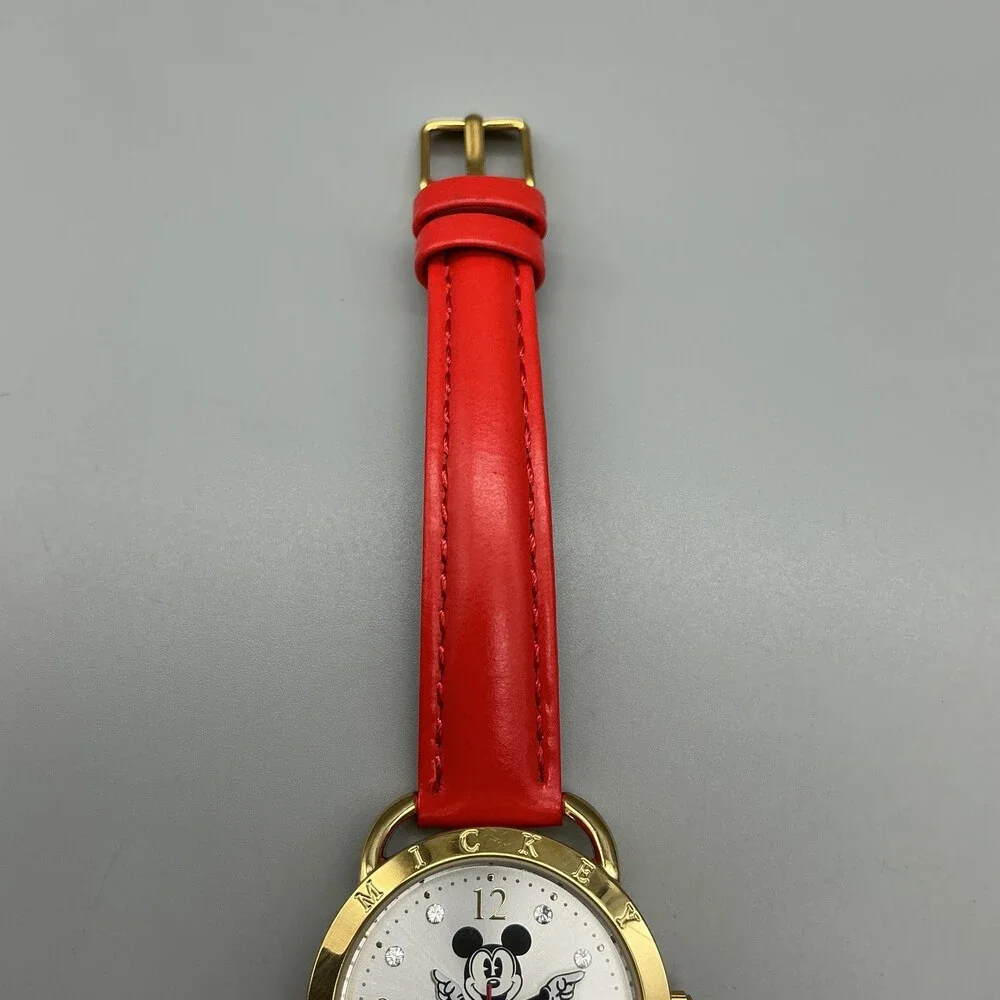 Disney Girls Watch 28mm Mickey Mouse Red Leather Gold Silver Tone New Battery